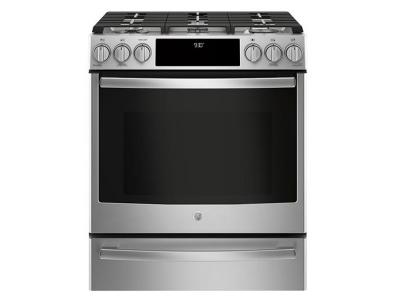 30" GE Profile Slide-In Front Control Premium Stainless Steel Appearance, 5.6 cu. Ft. Self-Cleaning Convection Gas Range - PCGS930SELSS