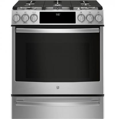 30" GE Profile Slide-In Front Control Premium Stainless Steel Appearance, 5.6 cu. Ft. Self-Cleaning Convection Gas Range - PCGS930SELSS