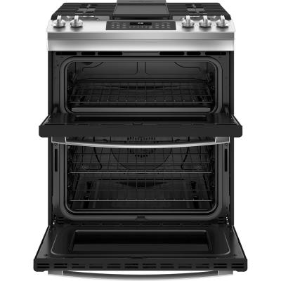 30" GE 6.7 Cu. Ft. Slide-in Front Control Gas Double Oven Range In Stainless Steel - JCGSS86SPSS